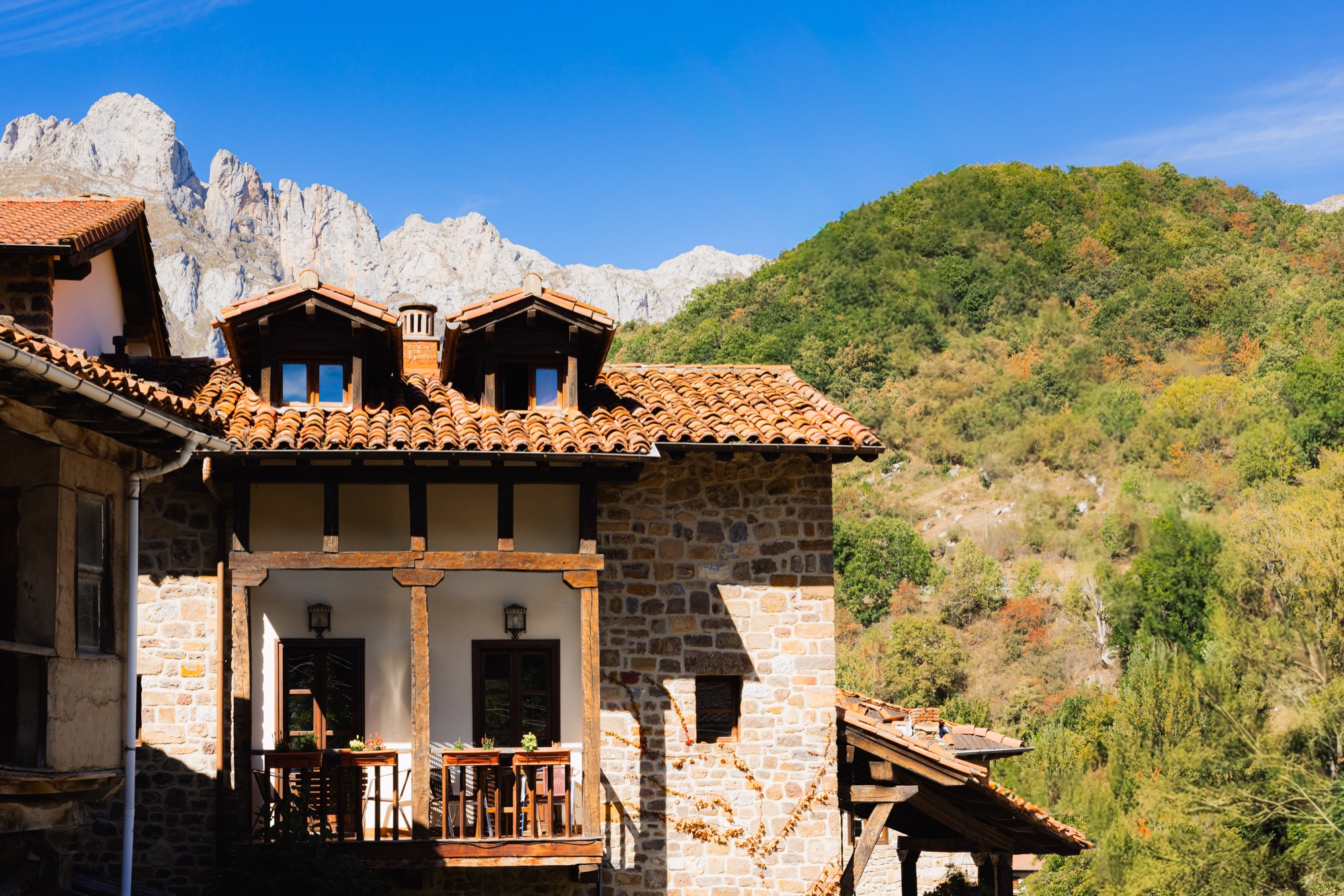Fachada de Apartamentos Nevandi con los Picos de Europa al fondo